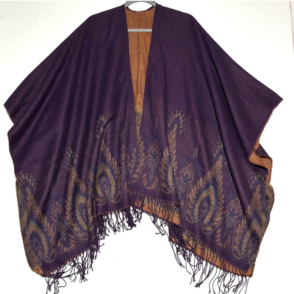 Paisley Reversible Poncho Wrap Women OS Purple Gold Fringe Boho Paisley Soft